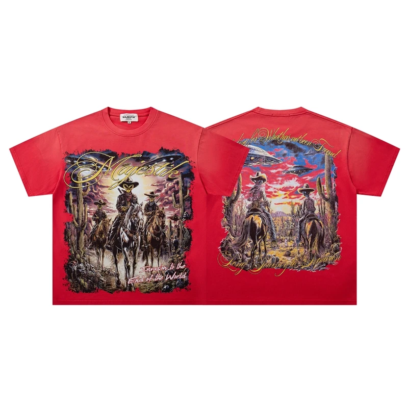 Sommer Vintage Rotes Acid Wash T-Shirt mit Alien Cowboy Western Aufdruck Lässige Oberteile Y2k Streetwear Oversized Hip Hop Unisex Kleidung – Detail 2