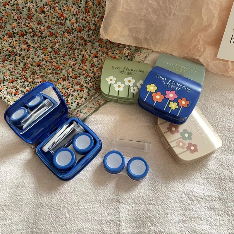 【Beautiful】Floral Contact Lenses Box Color Portable Contact Lens Case With Tweezer Suction Stick Set For Travel Kit Holder