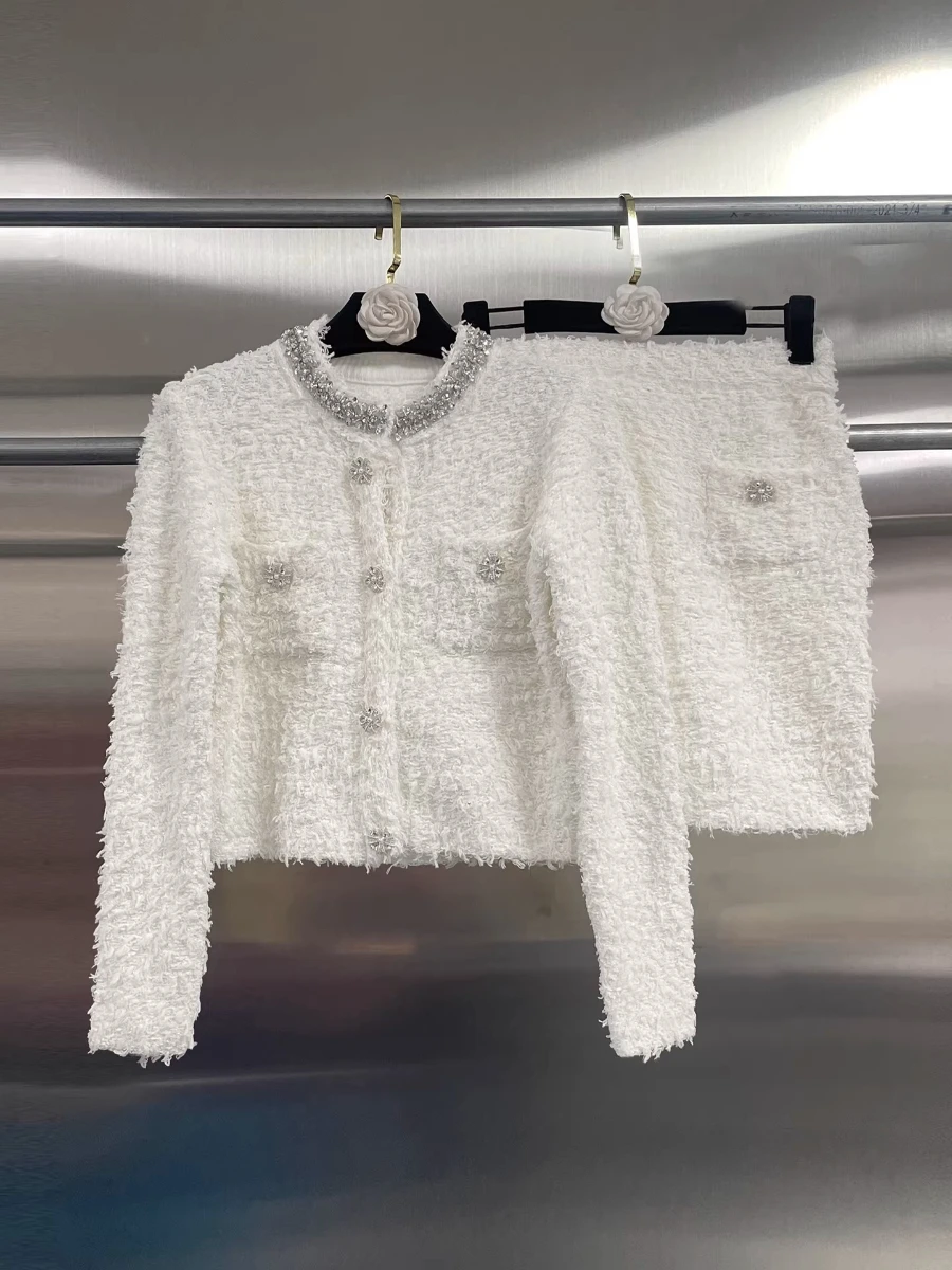 CHICEVER Solid Spliced Diamonds Two Piece Set Female O Neck Long Sleeve Jacket French Commute Women's Skirt Sets Fashion Style