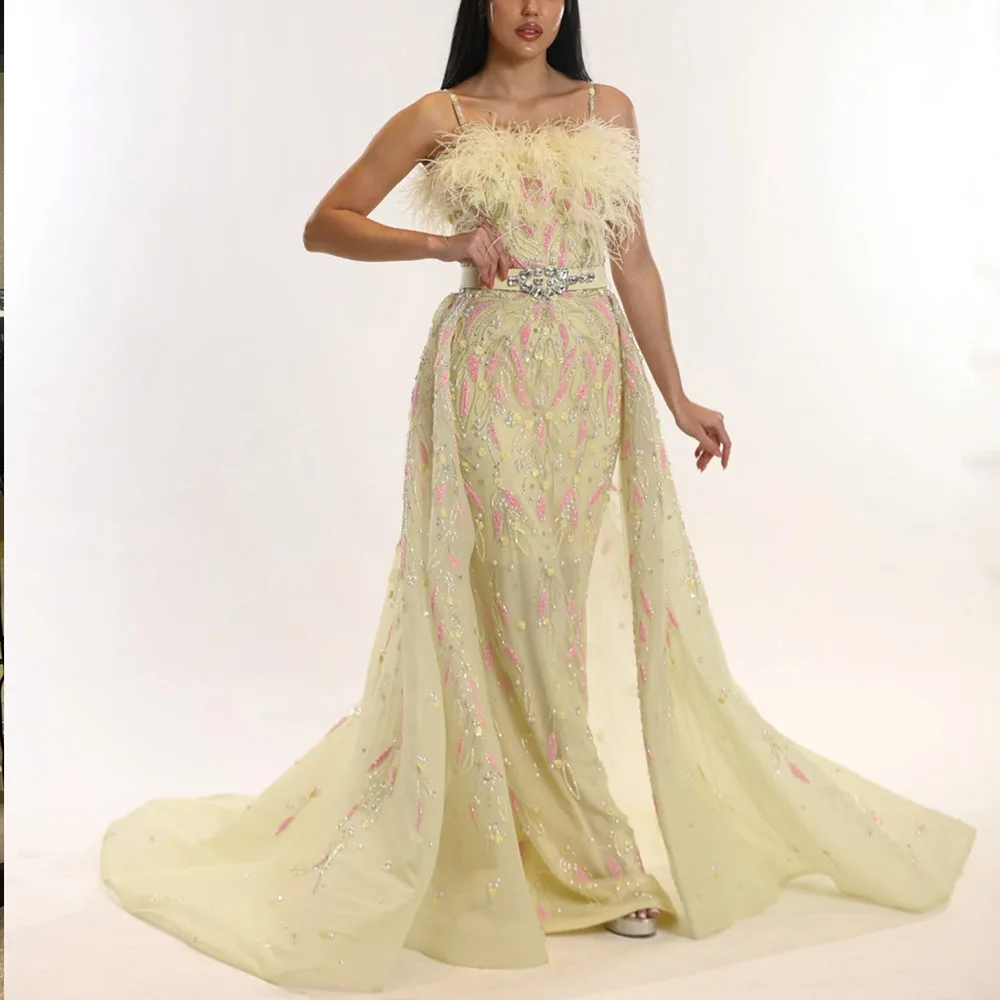 

Платье со шлейфом для выпускного вечера, изысканные кружевные вечерние платья на тонких бретельках с перьями, элегантные الراالراالراالراالراالراالراالراالراالرا