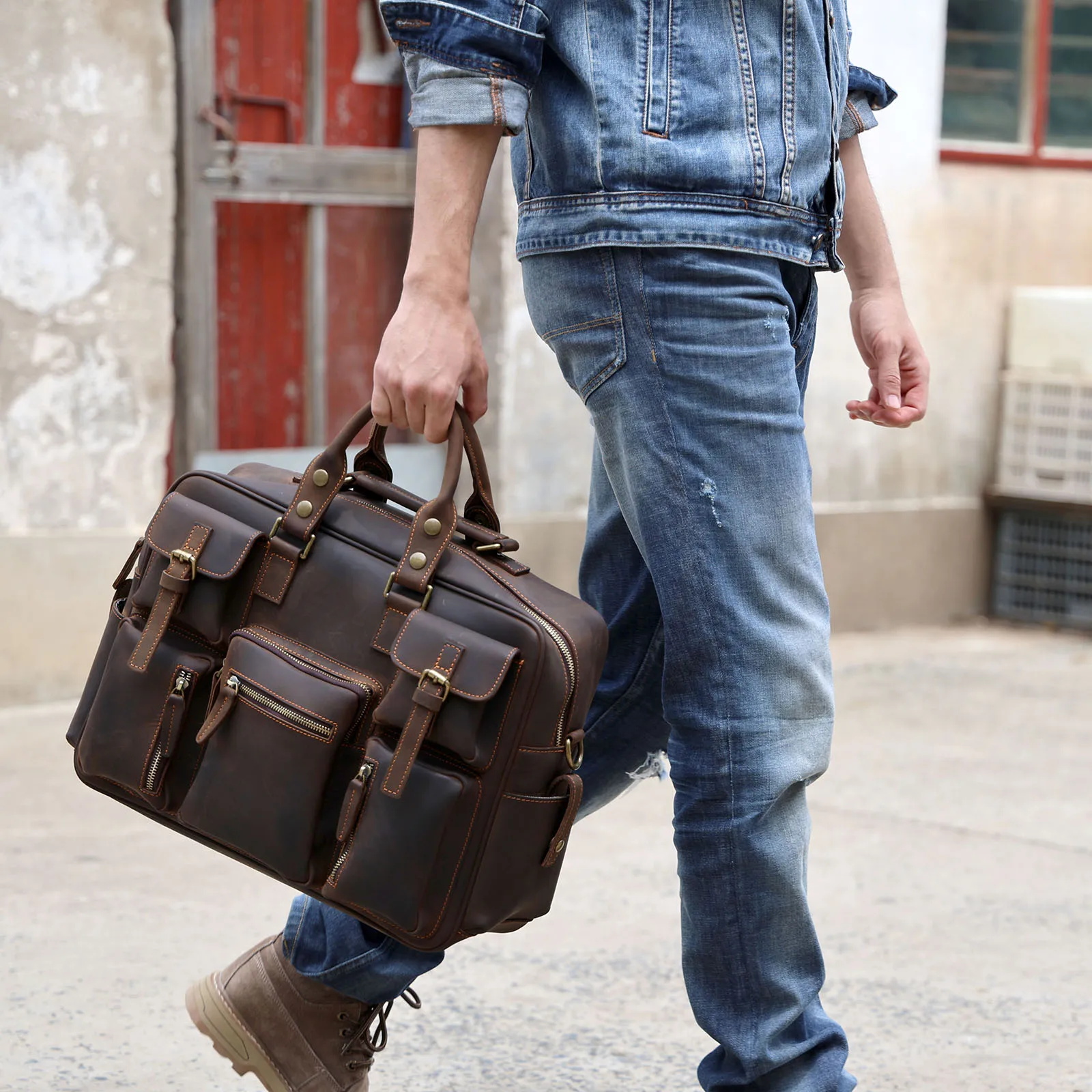 Vintage Herren-Aktentasche aus Vollnarbenleder, 16 Zoll Laptop-Umhängetasche, Echtes Leder, Business-Reisetasche, Crazy Horse Leder – Detail 5