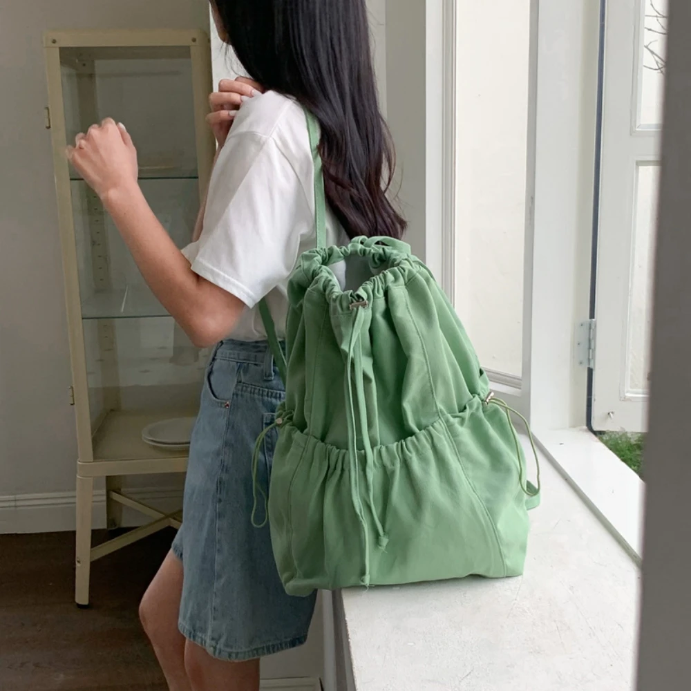 Sac à dos monochromatique plissé avec ficelle de proximité pour femme, grande capacité, niche décontractée, Cent sacs en toile, initié, simple, mode