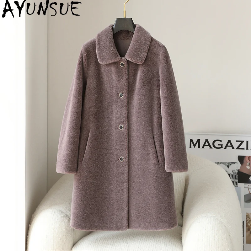 

AYUNSUE 100% Wool Coat Women 2025 Real Sheep Shearling Jacket Winter Clothing Female Mid-length Composite Fur Пальто Женское