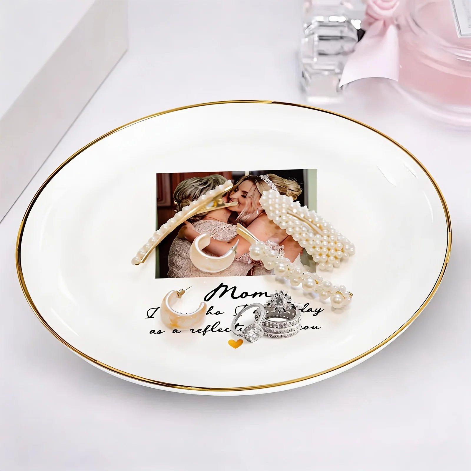 1pc Photo & Text Personalized Jewelry Tray - Photo Frame Suitable for All Jewelry Storage, Round/Heart/Rectangular Table with Ph