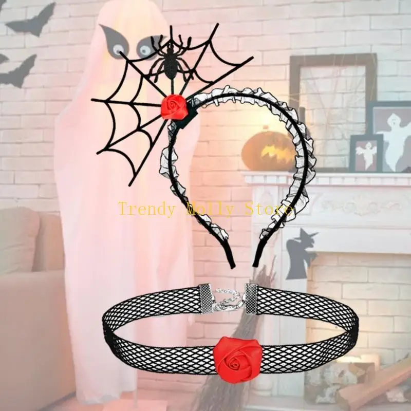 

N5KB повязка на голову в стиле паутина в стиле панк и кружевное колье для вечеринки в честь Хэллоуина, унисекс