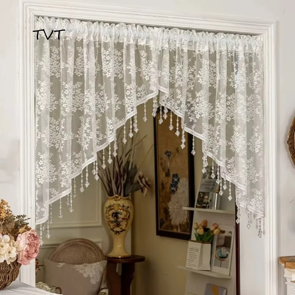 Decorative French Style Half Curtain Romantic With Beaded Lace Triangle Curtains Elegant Vintage Lace Door Curtain Balcony