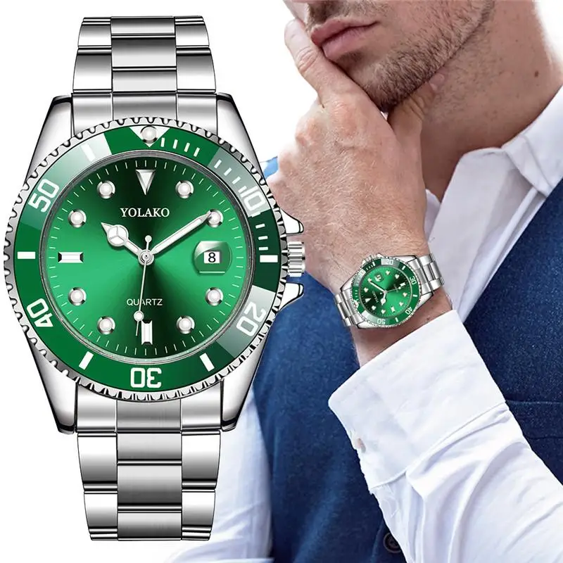 

Classic Fashion Rotatable bezel Watch Men Green Watches Steel Band Auto Date Quartz Wriswatches Men Business Watch Reloj Hombre