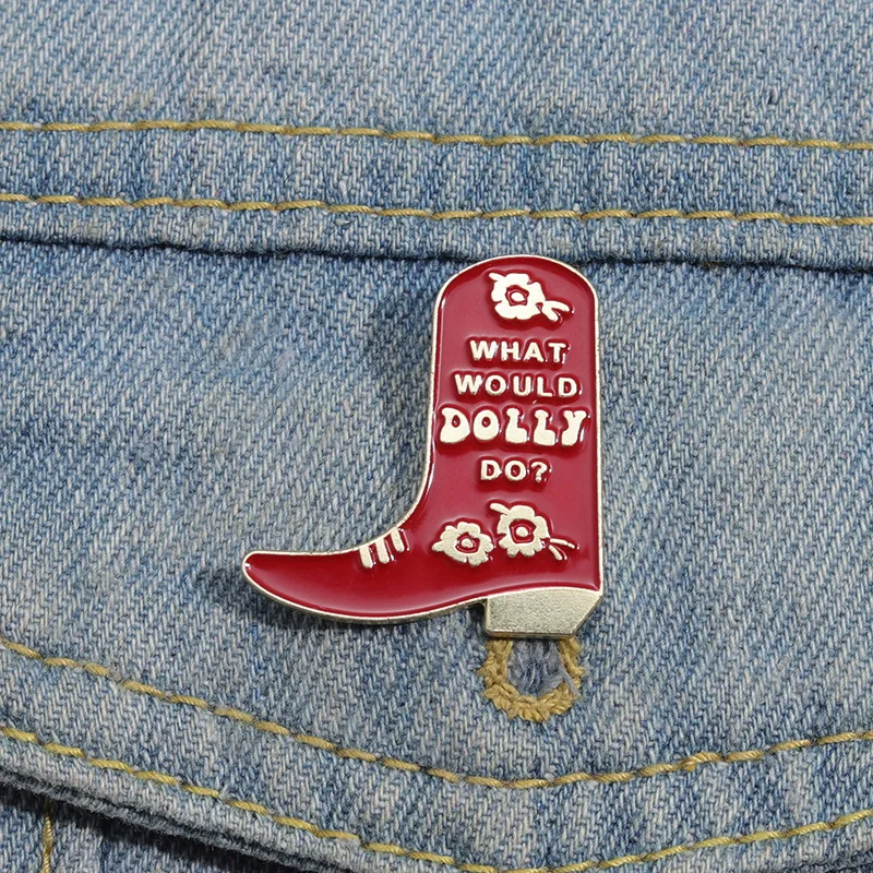 Dolly Parton Enamel Pin What Would Dolly Do Cute Pink Cowboy Boot Brooch Lapel Backpack Unique Badge Jewelry Gift For Women