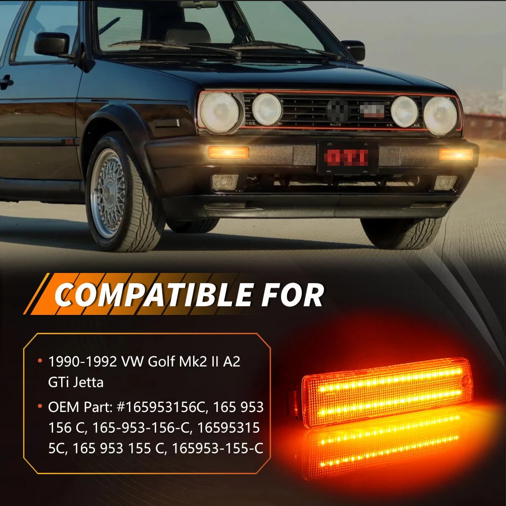 2Pcs Front Bumper Parking Light Side Marker Light Turn Signal Light With Dynamic LED For 1990-1992 VW Golf Mk2 II A2 GTi Jetta