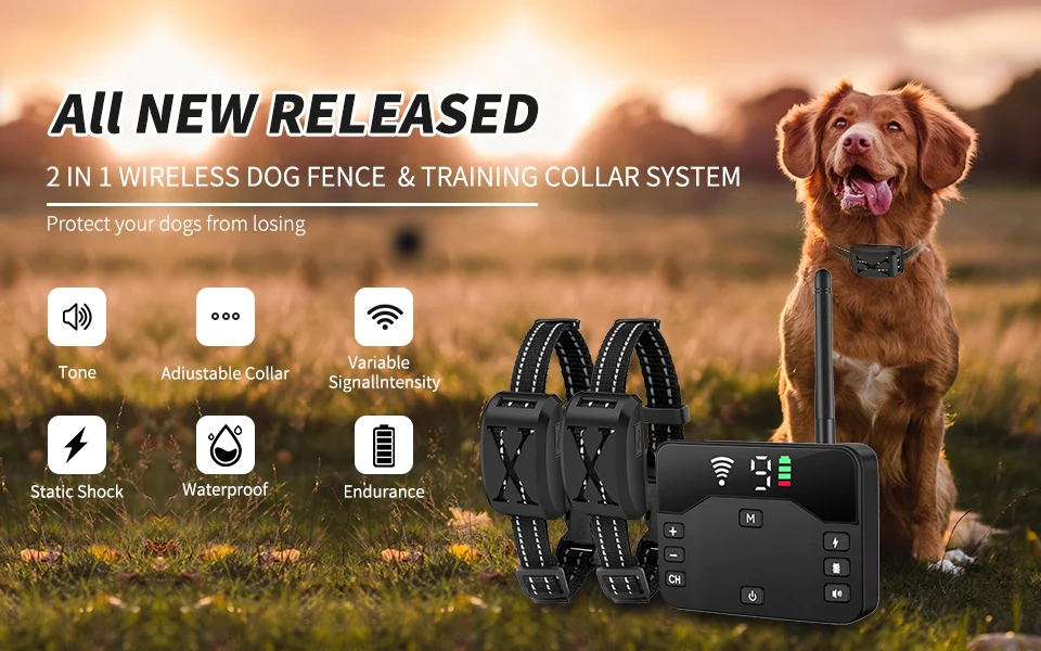 2-in-1 kabelloser elektrischer Zaun für Hunde und Elektroschocker, Trainingshalsband mit Fernbedienung und verstellbarem Piepton, Vibrationsschock, wiederaufladbar – Detail 1