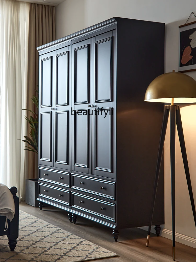

American-style Light Luxury Solid Wood Wardrobe Black Simple Modern Home Bedroom Storage Cabinet