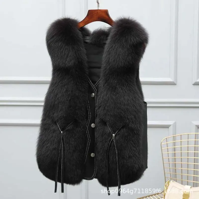 Women Vests Faux Fur Fox Coats Sleeveless Short Coat Thick Warm Y2k Streetwear Elegant Jackets Casual Outerwear Autumn Winter