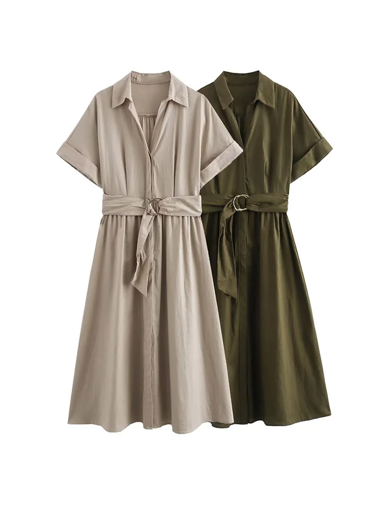 

2024 New Women Summer Shirts Dress Casual Solid Linen Short Sleeve Sashes Bow Female Elegant Street MIDI Dresses Clothing