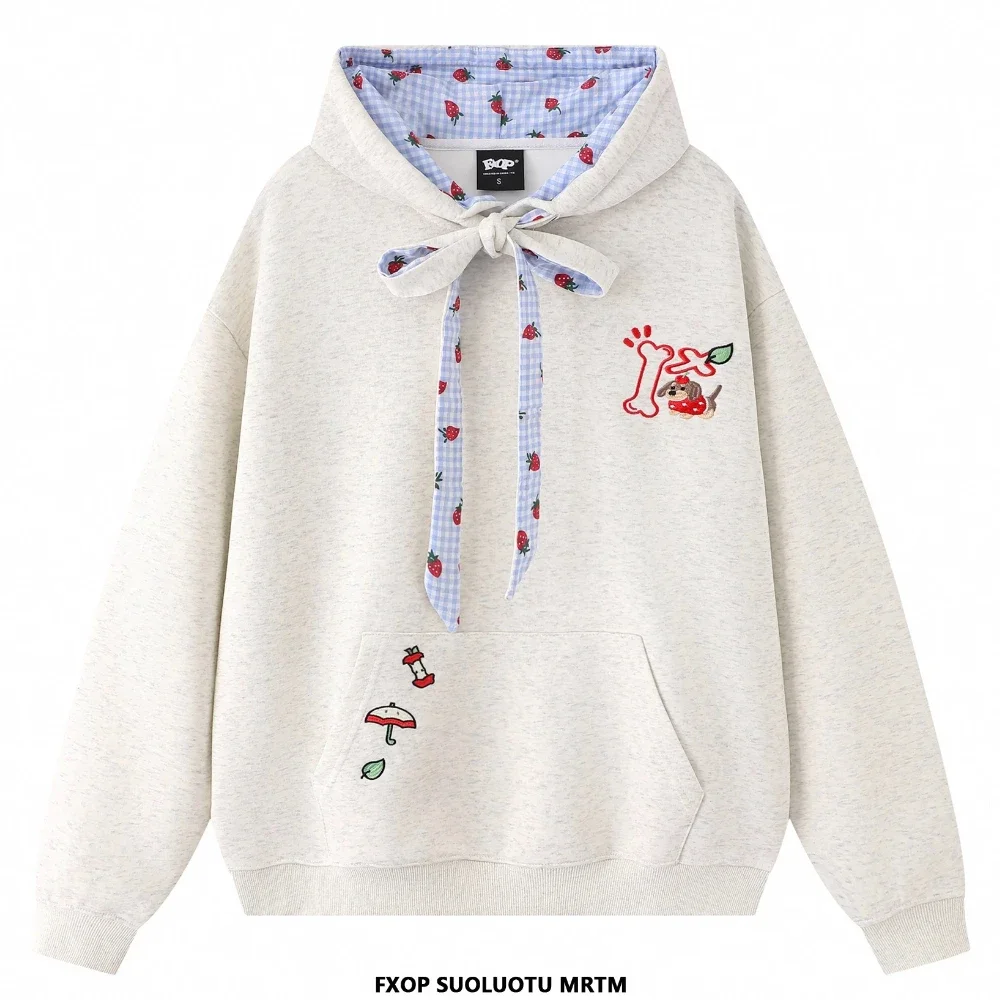 سترة كلاسيكية على طراز Preppy سترة لطيفة بجيوب مطرزة للسيدات Y2k قطع علوية يابانية حلوة كاواي كارتونية مع قلنسوة للسيدات بأكمام طويلة