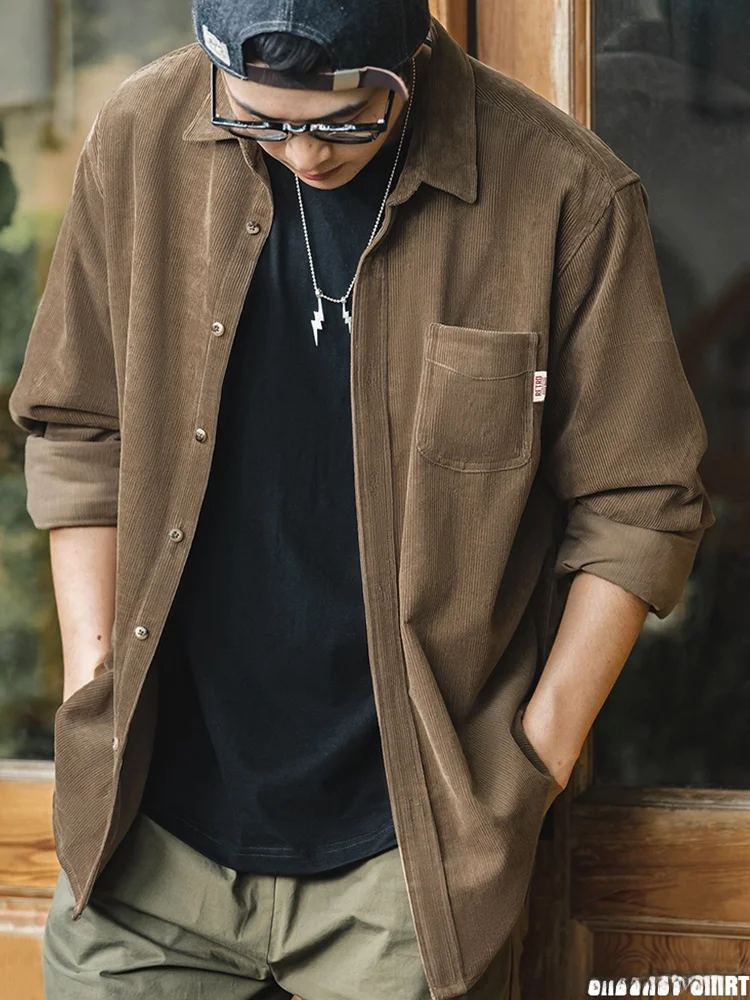 

Мужская повседневная вельветовая рубашка Maden American Style с длинным рукавом, свободного кроя, осенняя, из чистого хлопка, в полоску, молодежная модная одежда