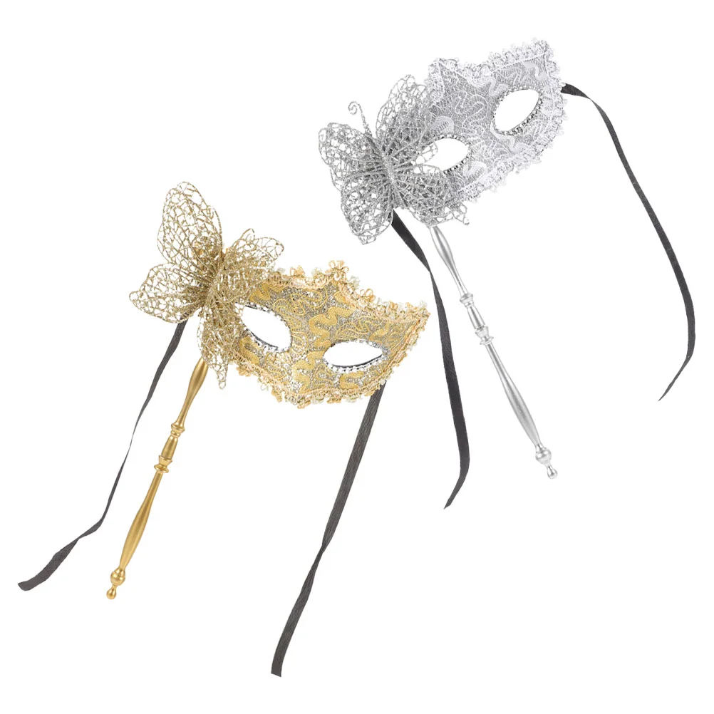 2 Pcs Masquerade Mask Gold for Couples Venetian Halloween with Stand Decoration Facial Masks Face Yellow Stick Butterfly Women