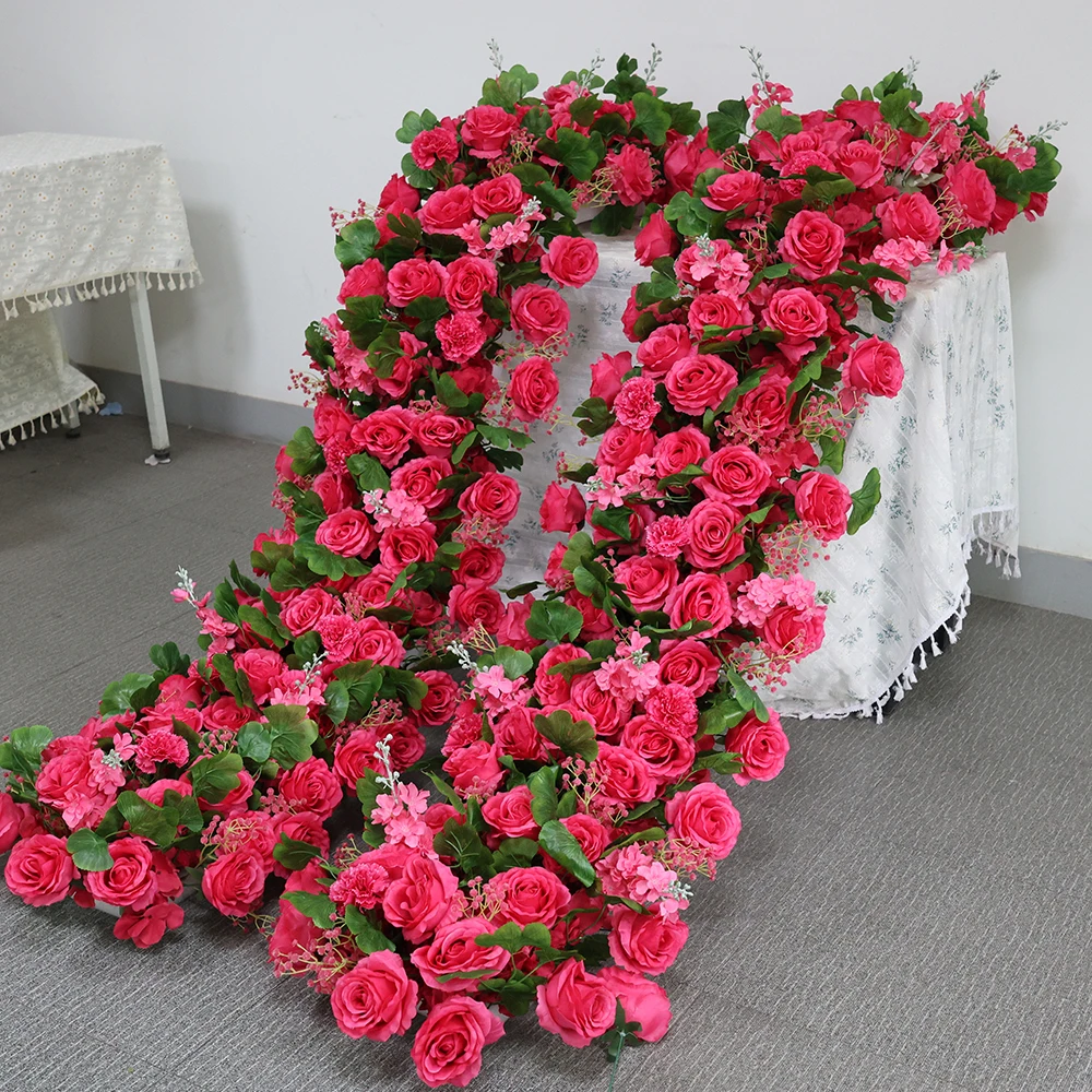 

Роскошная искусственная цветочная композиция из розово-красных цветов 200/100 см для свадебного стола, декора стен и сцены, цветочная композиция для оформления.
