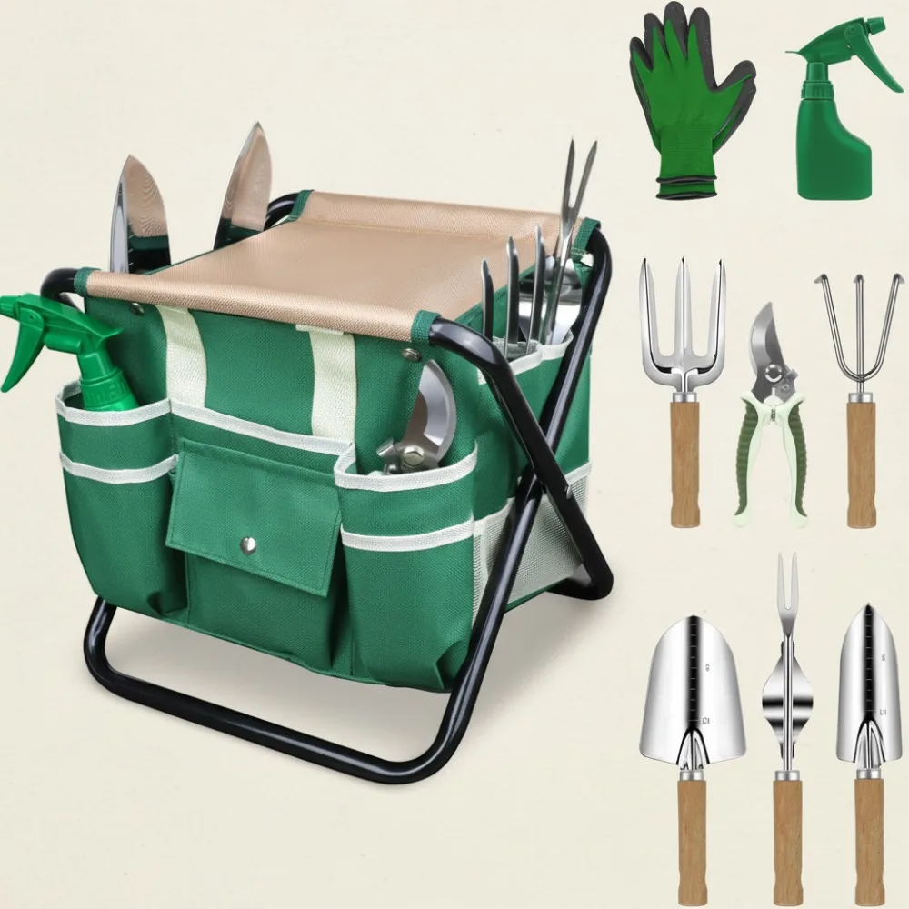 

10-Piece Heavy Duty Gardening Tool Set with Folding Stool, Stainless Steel Tools for Women Men