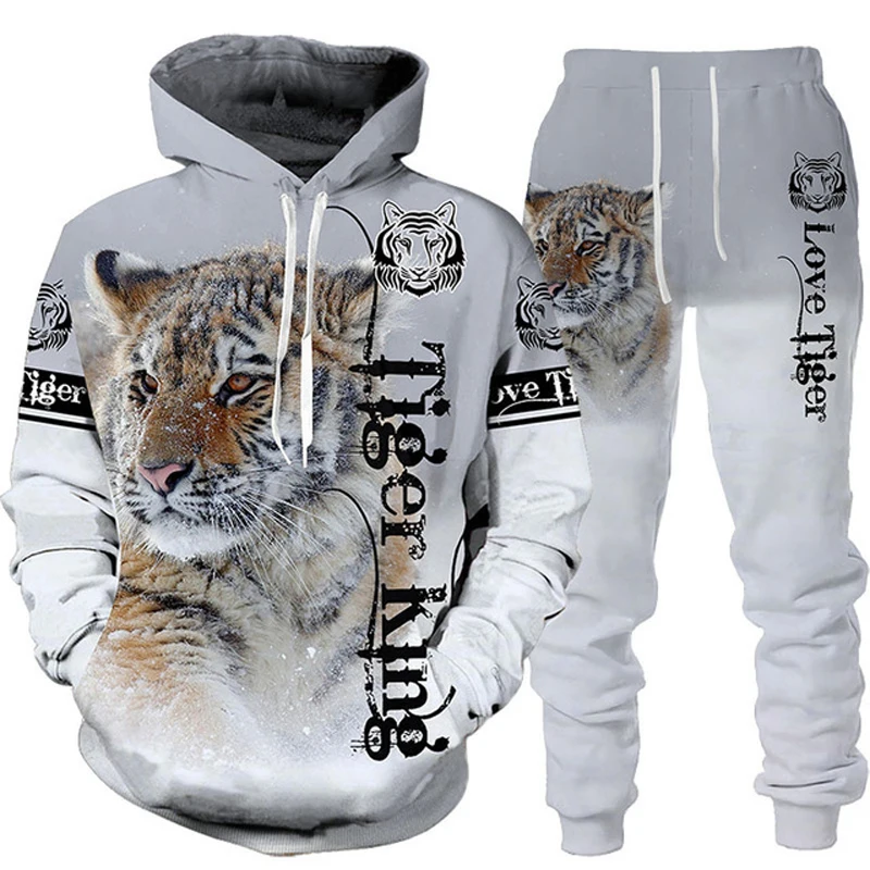 Tiger Fashion 3D Printed Men Hoodies Sweatshirt Set Pants Sportswear Tracksuit Unisex Clothing Suit