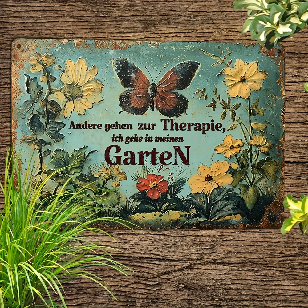 

Vintage Metal Tin Sign "Others Go to Therapy, I Go to My Garden" - 8"x12" | Rustic Butterfly Floral Wall Decor for Home