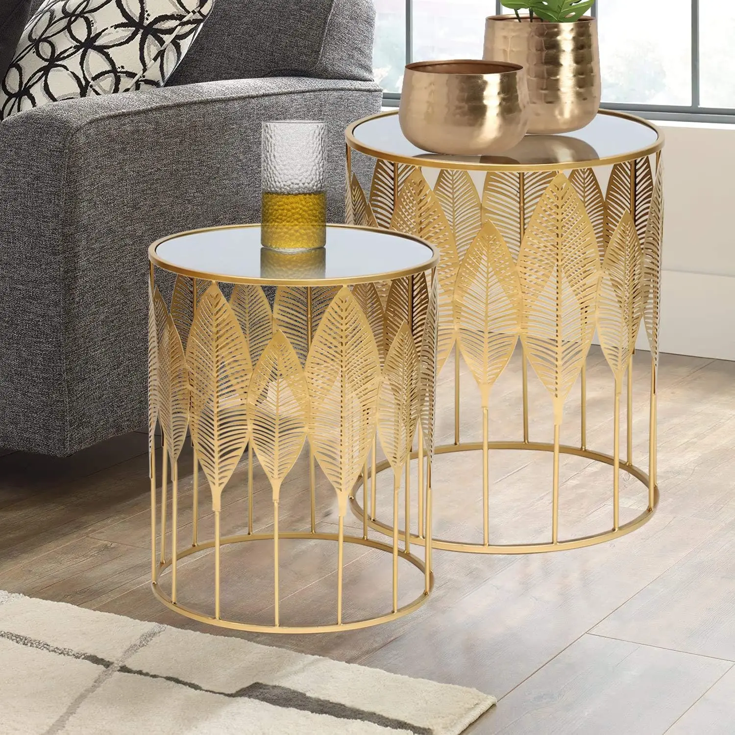 Comfort Corner End Tables Set of 2, Gold Nesting Side Coffee Table Decorative Round Nightstands (Stainless Steel Top)