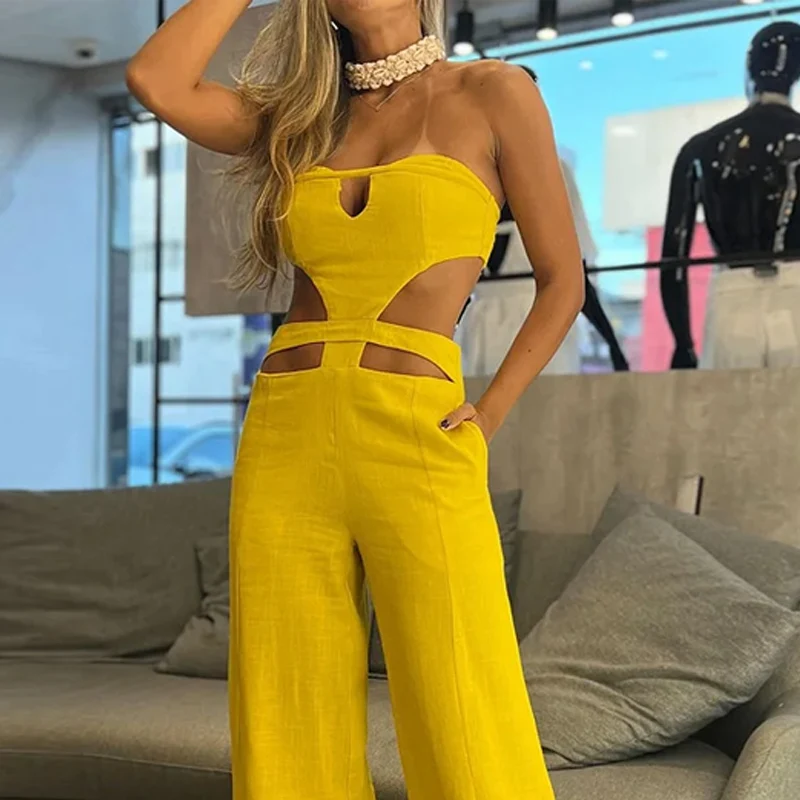 Wefads Jumpsuit Women Summer Sexy Fashion Solid Hollow Out Sleeveless Strapless Tube Backless Loose Jumpsuit Streetwear