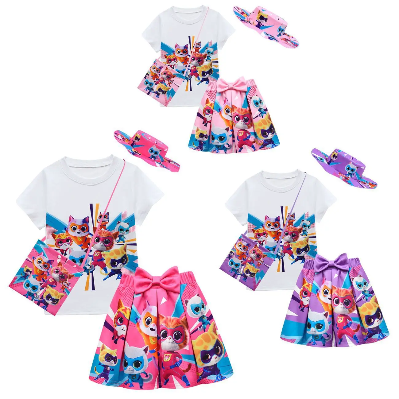 

Cartoon Superkitties Costume Baby Girls Summer Short Sleeve Tshirt Big Bow Skirt with Bag Sunhat 4pcs Set Children Clothing Suit