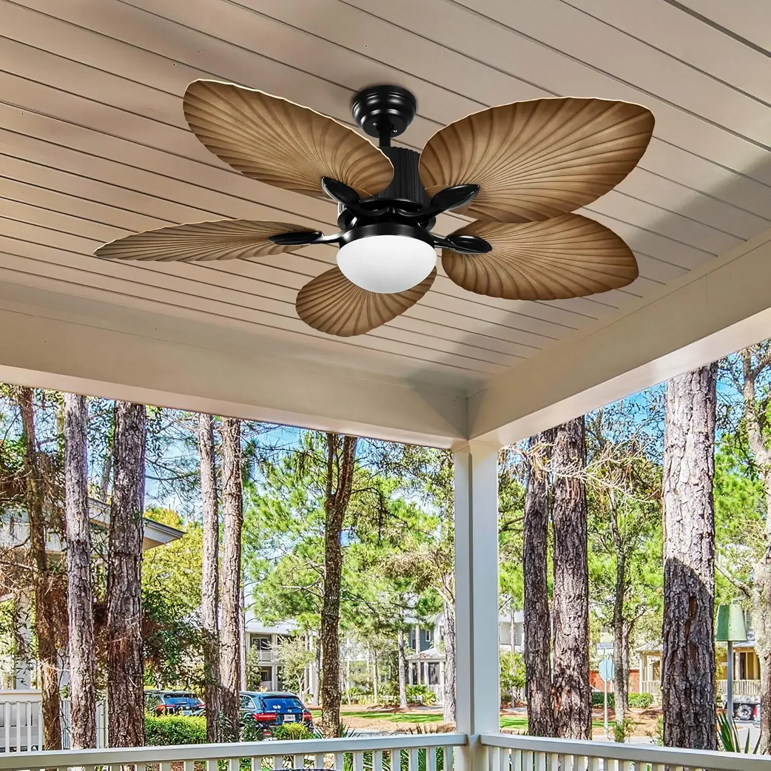 Outdoor Ceiling Fan Without Light For Living Room Porch Brown Tropical Ceiling Fan 5 Palm Leaf Blades Dimmable Energy Effcient