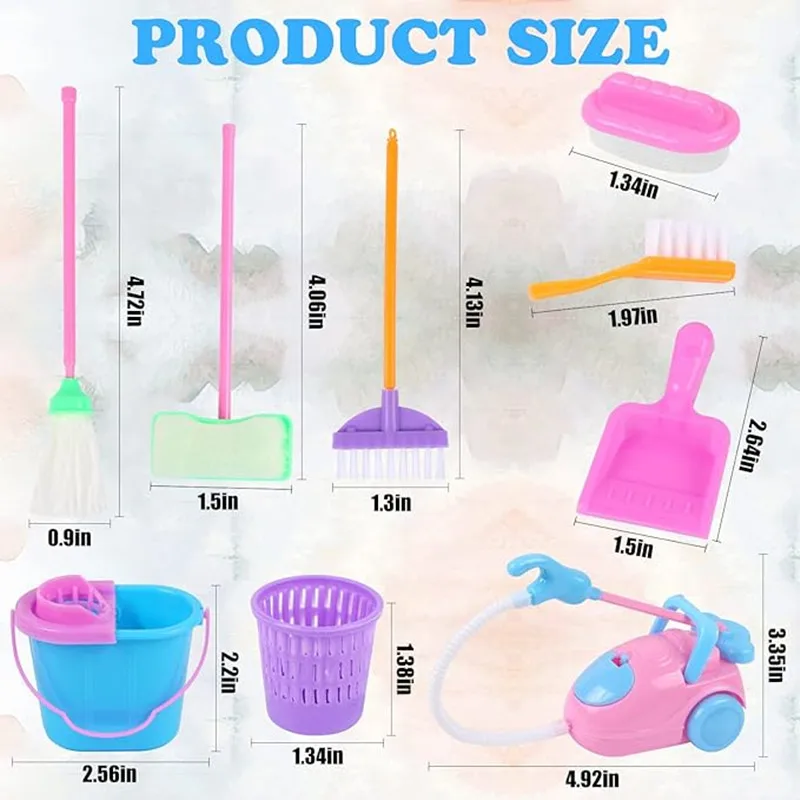 9 Uds. Suministros de limpieza para casa de muñecas en miniatura, Mini cubo, fregona, cepillo, escoba, juego de herramientas para el hogar, accesorios para muebles, chico BJD