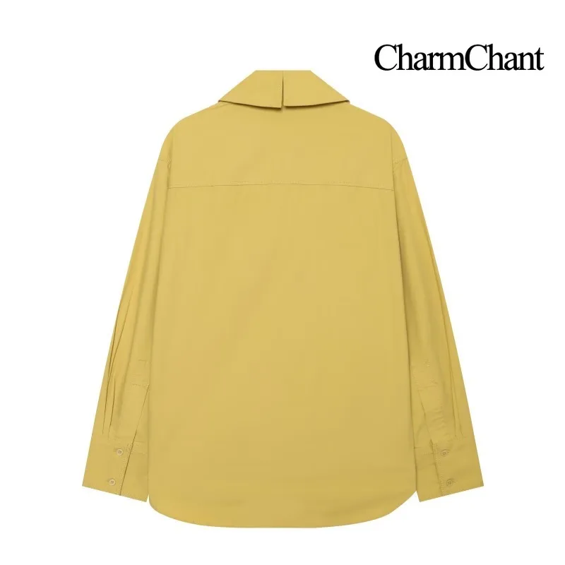 CHARMCHANT Women's Point Collar Cotton Shirt Button Front Epaulet Detail Loose Fit Long Sleeve Blouse Office Daily Autumn 2026