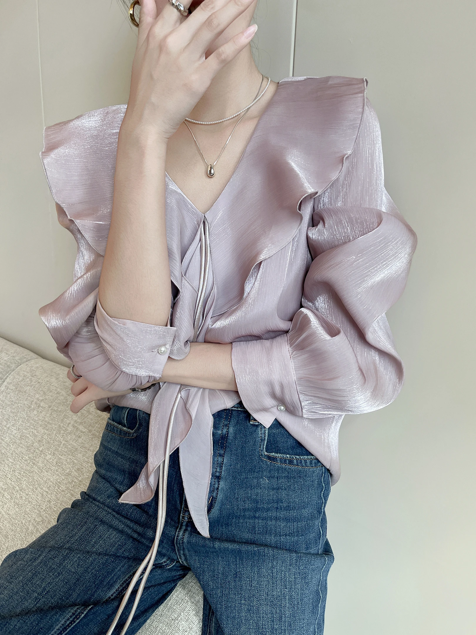 

Ele Faion Women's Long Sve Lotus Le Collar irt Pink Autumn Winter New Sle Classy Top Quali Ladies' Blouse