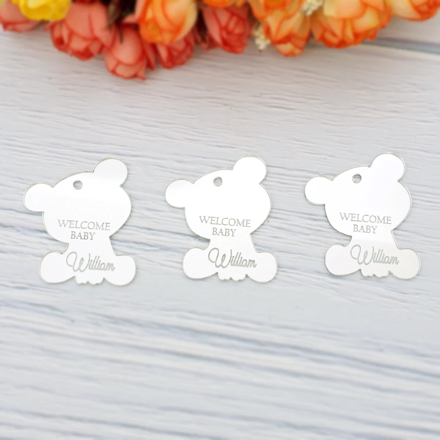 

5x4.5cm Custom Acrylic Mirror Lovely Bear Gift Tags Personalized Baby's Name Laser Cutting Seat Card Baptism Party Gift Decor