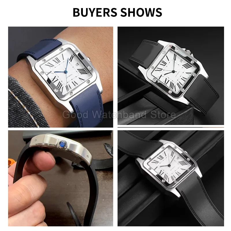 Black Blue High Quality Rubber Watch Strap 23 25mm Flat Interface for Cartier Santos Sandoz 100 Watch Bracelet Ultra Flexible