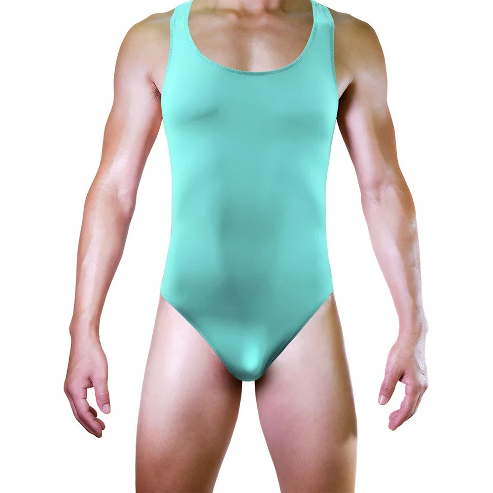 Men Bikinis Bodysuit Sleeveless Underwear Backless Singlet Leotard Cock Pouch G Strings Jumpsuit High-Slit Swimsuit Gay Clothes