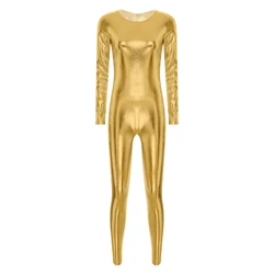 Damen metallisch glänzenden Bodysuit Langarm Slim Fit Ganzkörper Jumps uit Unitard Themen Party Space Astronaut Cosplay Clubwear