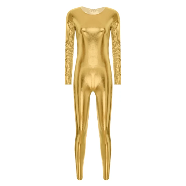Damski metaliczny błyszczący kombinezon z długim rękawem Slim Fit kombinezon Unitard impreza tematyczna astronauta kosmiczny Cosplay klubowa
