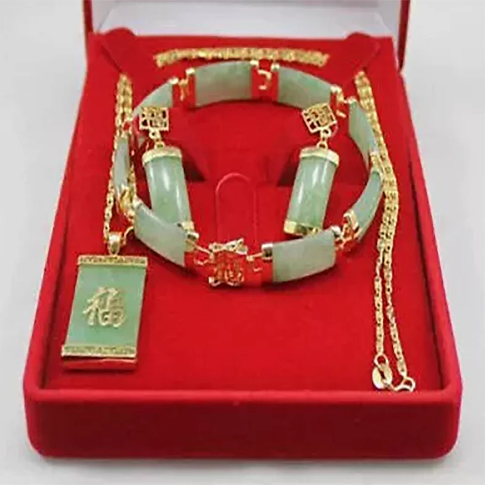 Jewelry Set Jade 18K Gold Plated Pendant Necklace Bracelet Earrings Lucky Party