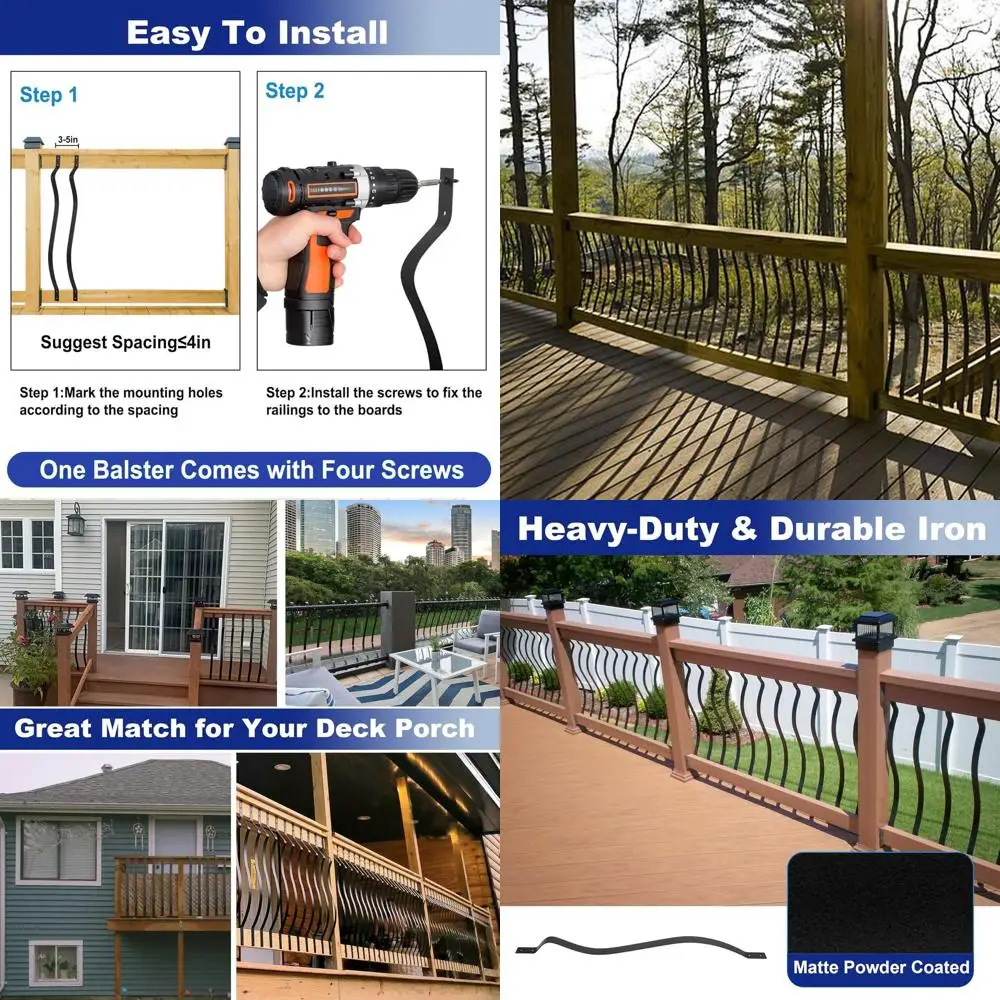 

Durable Black Iron Wave Design Balusters, 29.5, 61-Pack with Screws for Outdoor Stairs and Decks