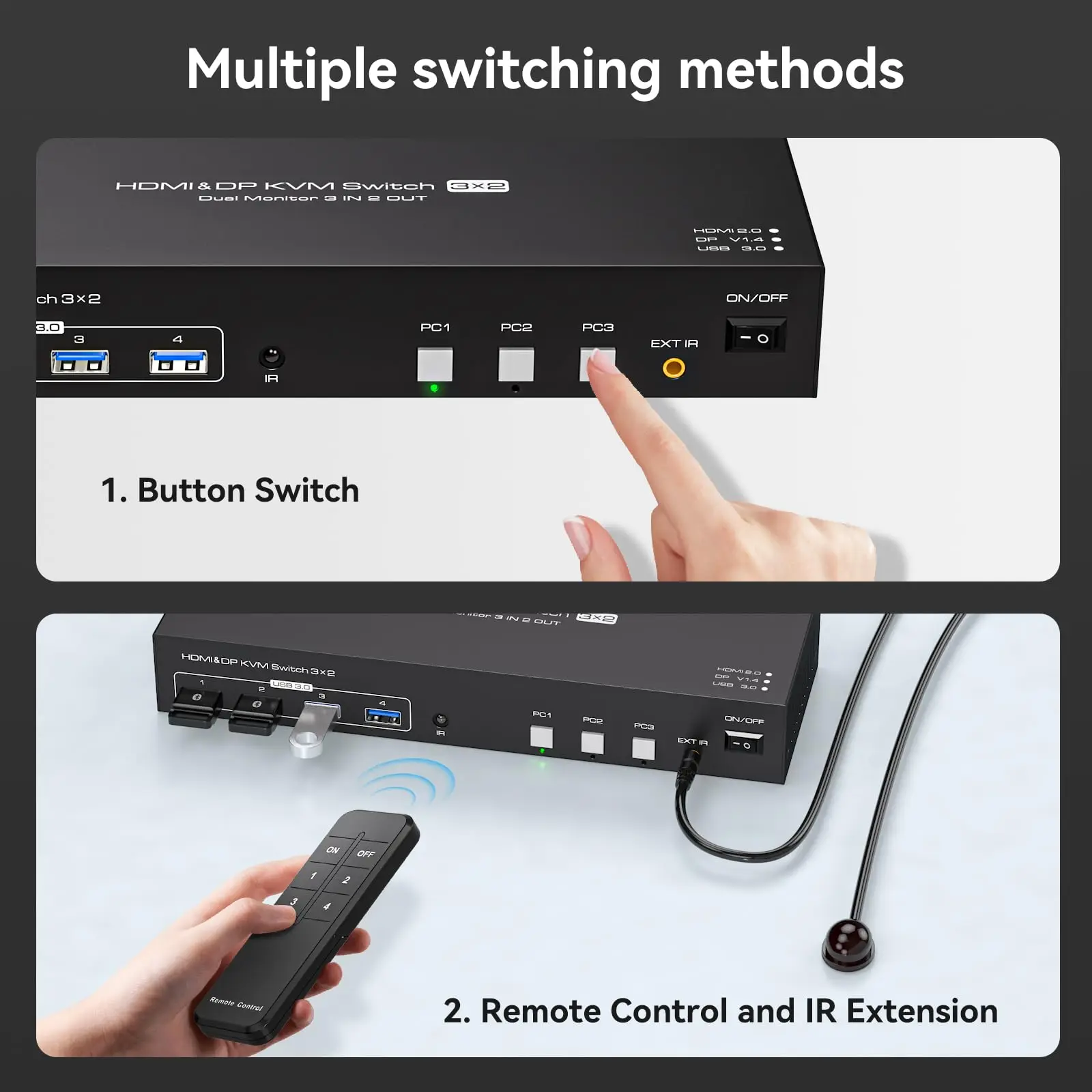 HDMI + DisplayPort KVM Switch 2จอภาพคอมพิวเตอร์3เครื่อง, dual Monitor DP1.4 KVM swtiches สำหรับ3ชิ้นแชร์2จอภาพ4อุปกรณ์3.0 USB