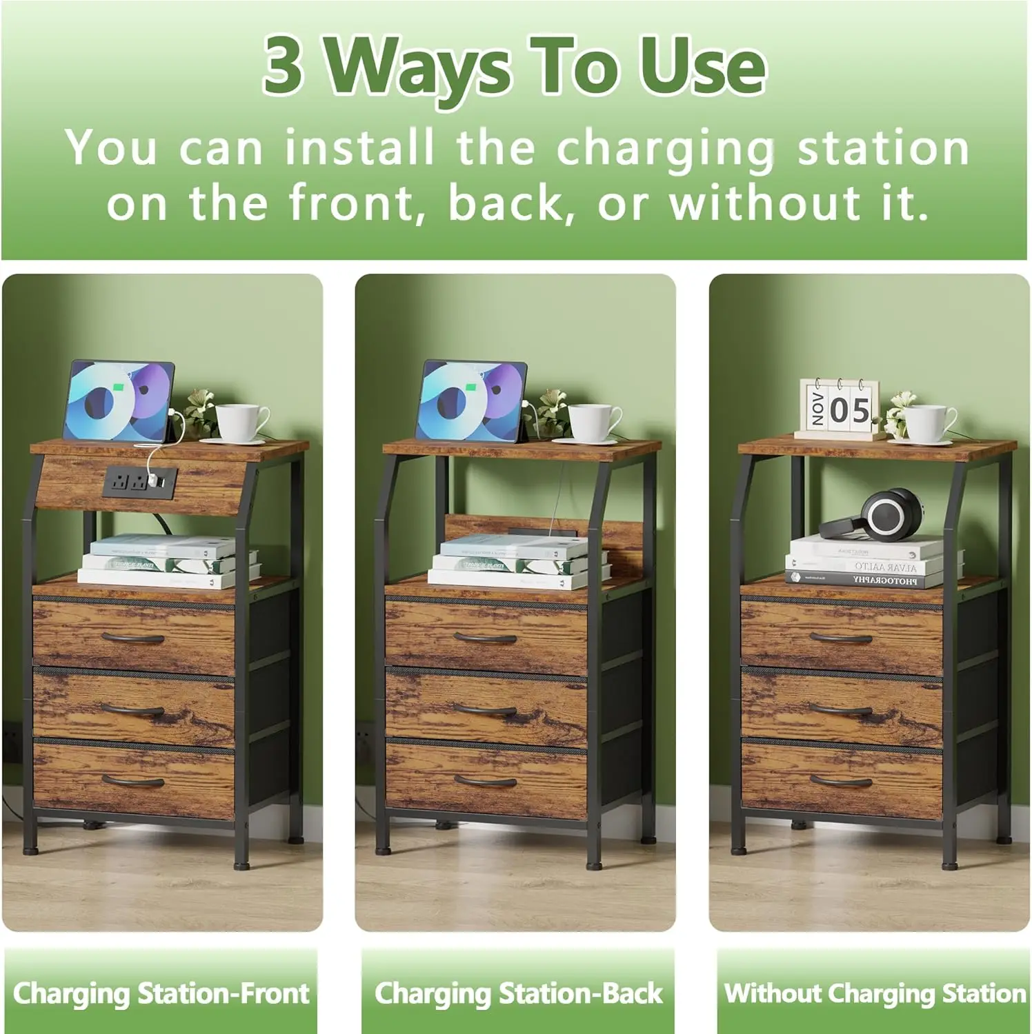 منضدة مع قاعدة شحن، منافذ USB، منافذ، رف خشبي وأدراج قماشية لغرفة النوم باللون البني الريفي