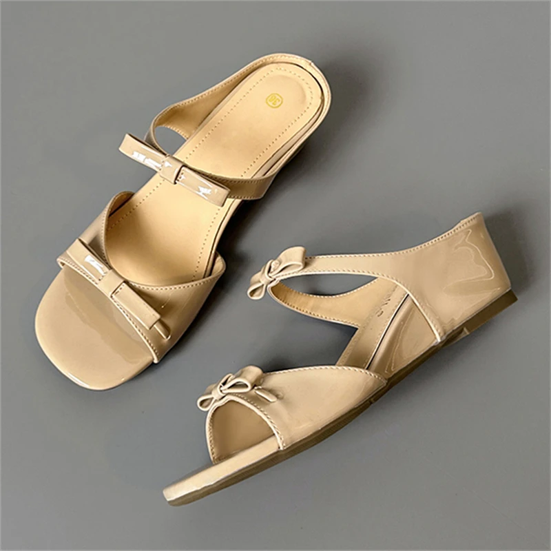 

Aneikeh Elegant Slip-On Mules Low Heel Comfortable PU Leather Slippers Women's Square Toe Bow Wedge Sandals Summer Casual Slides