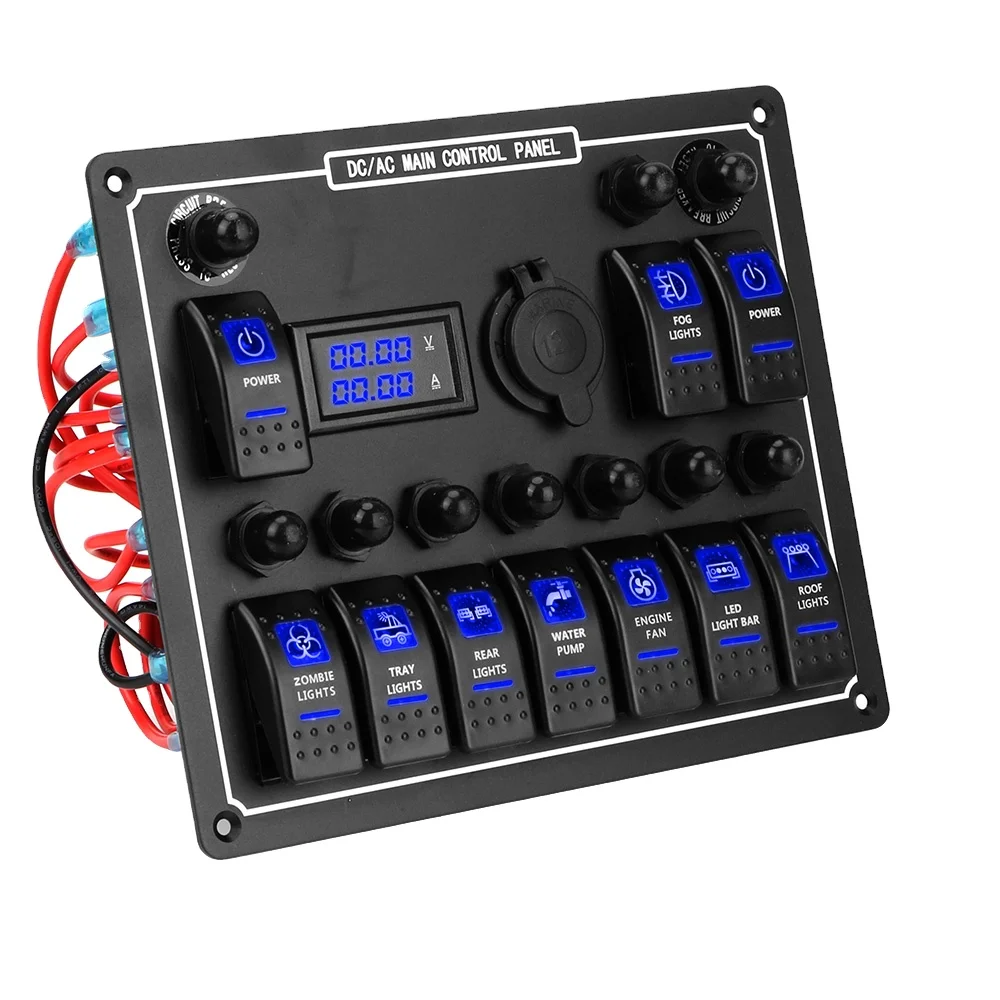 12V/24V 10 Gang 15A LED Toggle Car Auto Marine Boat RV Rocker Switch Panel W/ Dual Power Control Waterproof Overload Protection