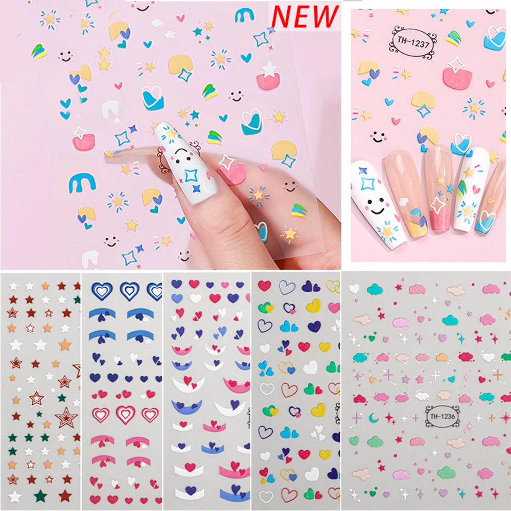 1 Pc Gradient Love Heart Nail Art Stickers Simple Colorful Love Heart Pattern Back Adhesive Manicure Decoration Accessories