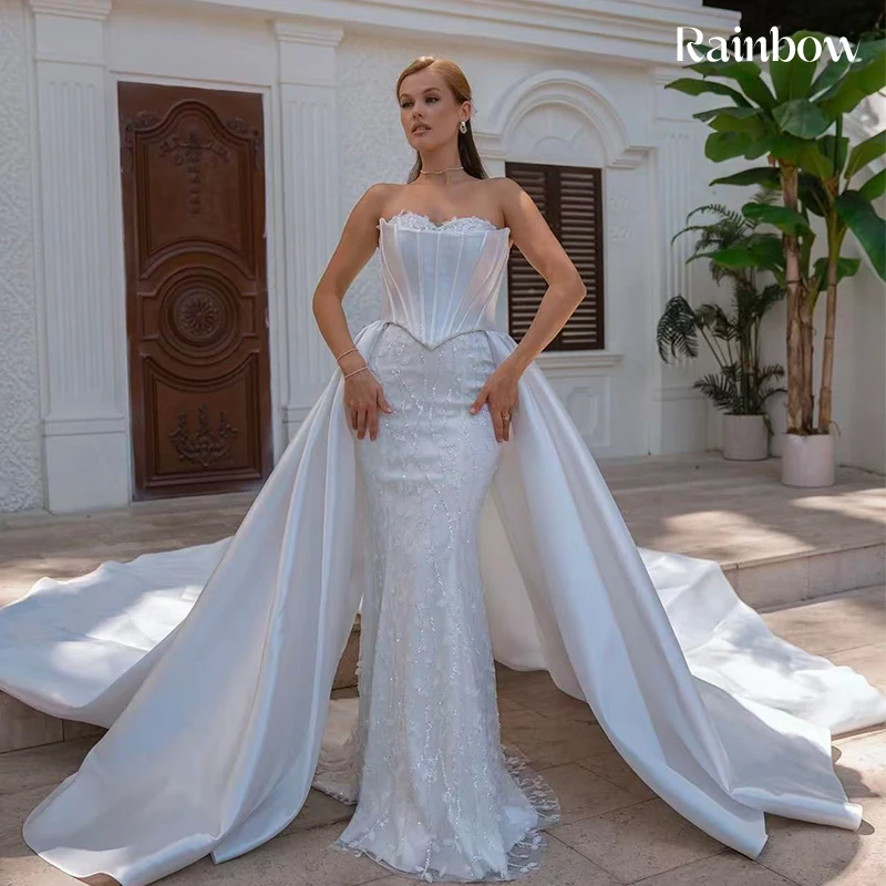 

Luxury Detachable Train Weddingdress Organza With Embroidery Bead Mermaid Ballgown Fullsleeve V-Neck Customized Vestido De Novia