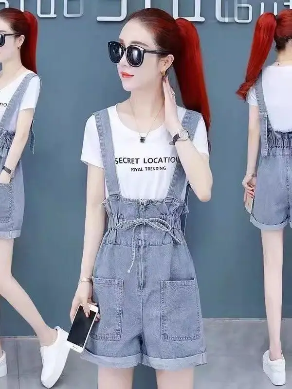 

Slimming Effectiven Salt Series Denim Strap orts Women's Summer Thin Large Size Flower Bud Faionable One-Piece Pants