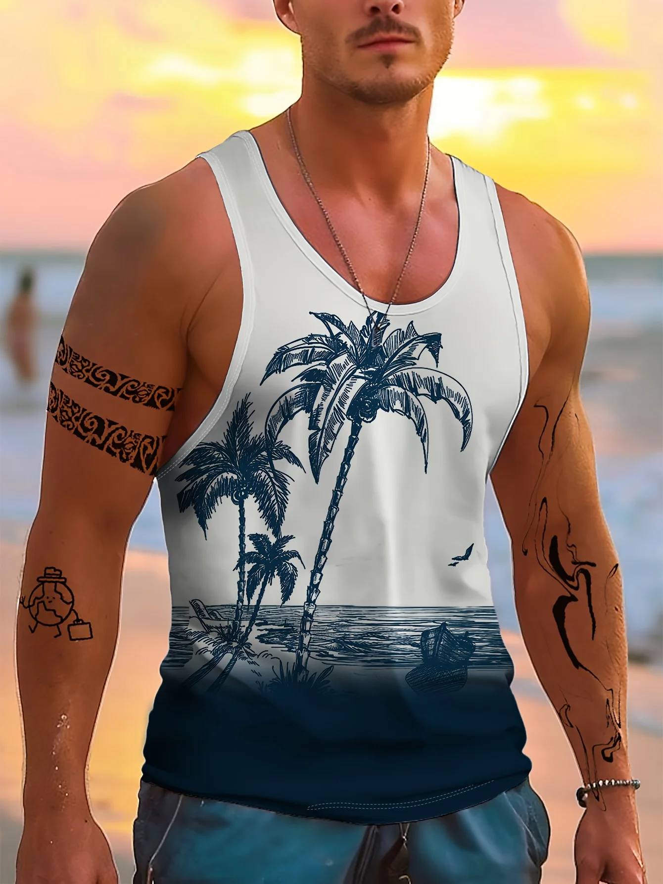 Men's Gradient Coconut Tree Beach Print Tank, Summer Tropical Sleeveless Vest For Vacation Surf Casual Wear Top