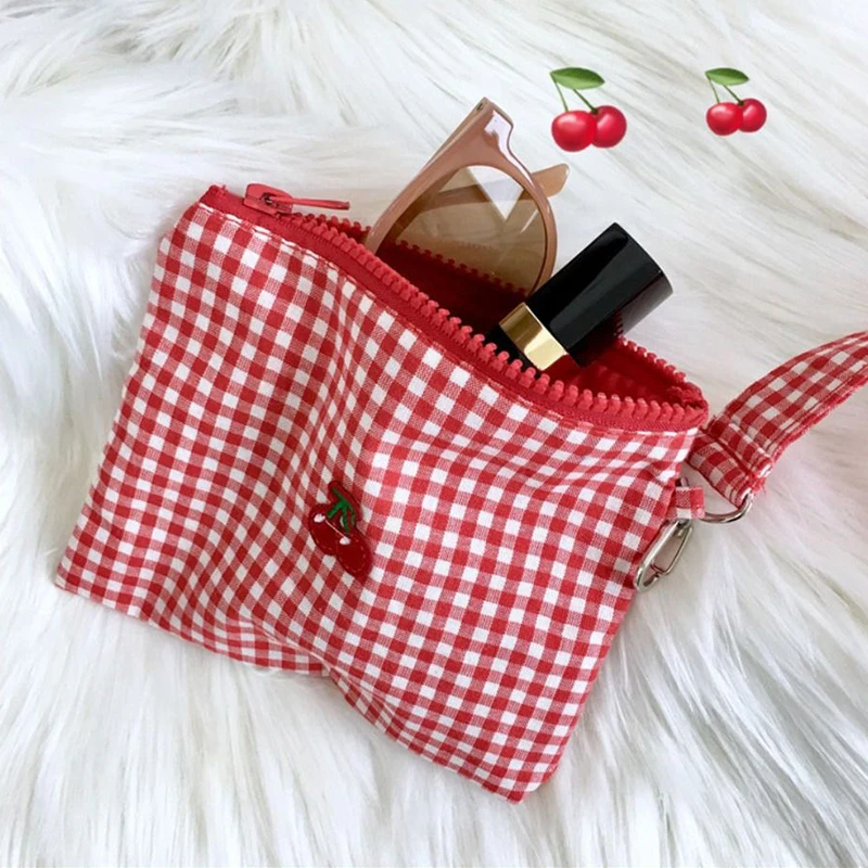 

Embroidered Red Cherry Girl Cosmetic Bag Large Capacity Canvas Women Makeup Bag Toiletry Storage Pouch Zipper Travel Handbag New