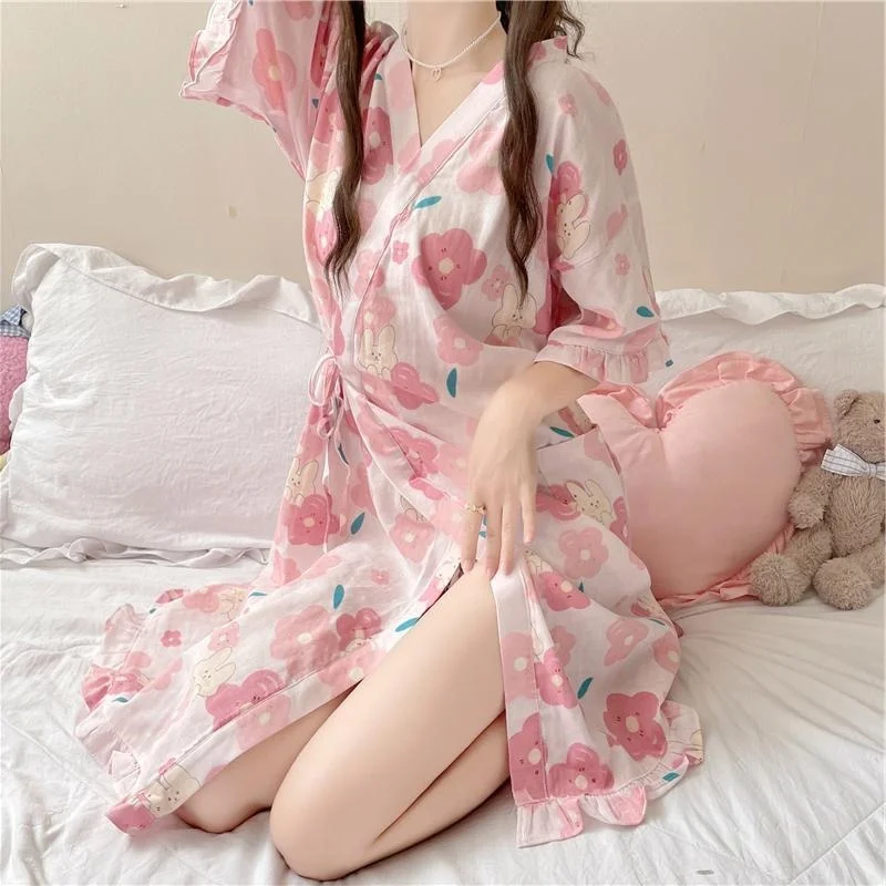 plus Size Floral Print Sleep Robe Women's Home Clothes Gown Thin Summer Mid-Length for Heavy Girls 2300 Pounds 2