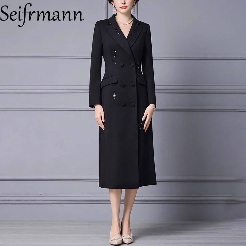 

Seifrmann 2026, весенний женский новый модный поло с длинным рукавом, двубортный костюм с бусинами, однотонный костюм, пальто, платье
