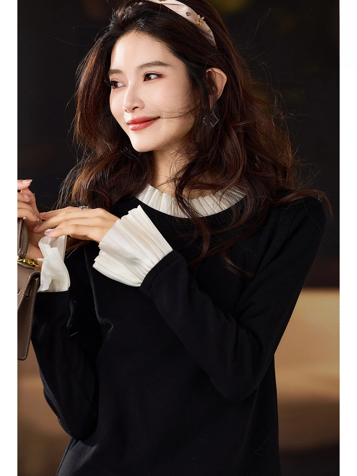 

Женская зимняя новинка: облегающая вязаная футболка в уличном стиле, больших размеров, с пэчворком, кружевом и круглым вырезом, повседневный топ